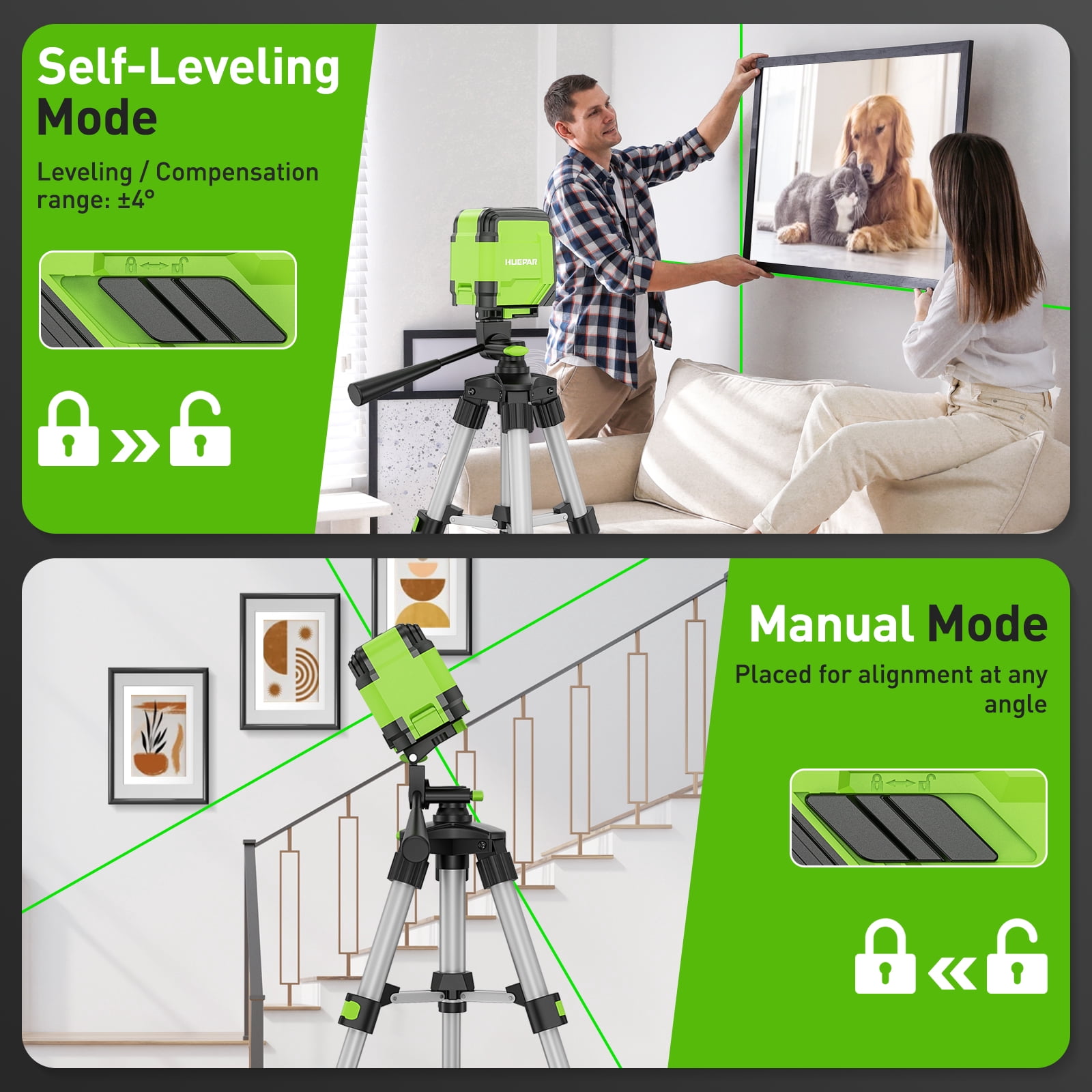 Self-leveling Laser Level, Green Cross Line Laser Level Tools for Home DIY Picture Hanging with 360° Magnetic Bracket and Carrying Bag