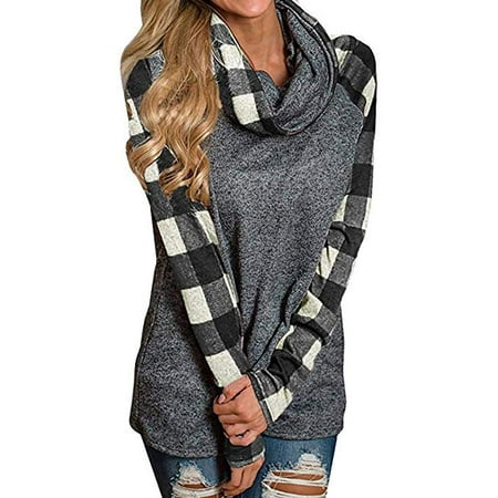 Round Neck Women Sweatshirt - Blouse Womens Tunic Sweatshirt Turtleneck Plaid Shirt Round Neck Pullover