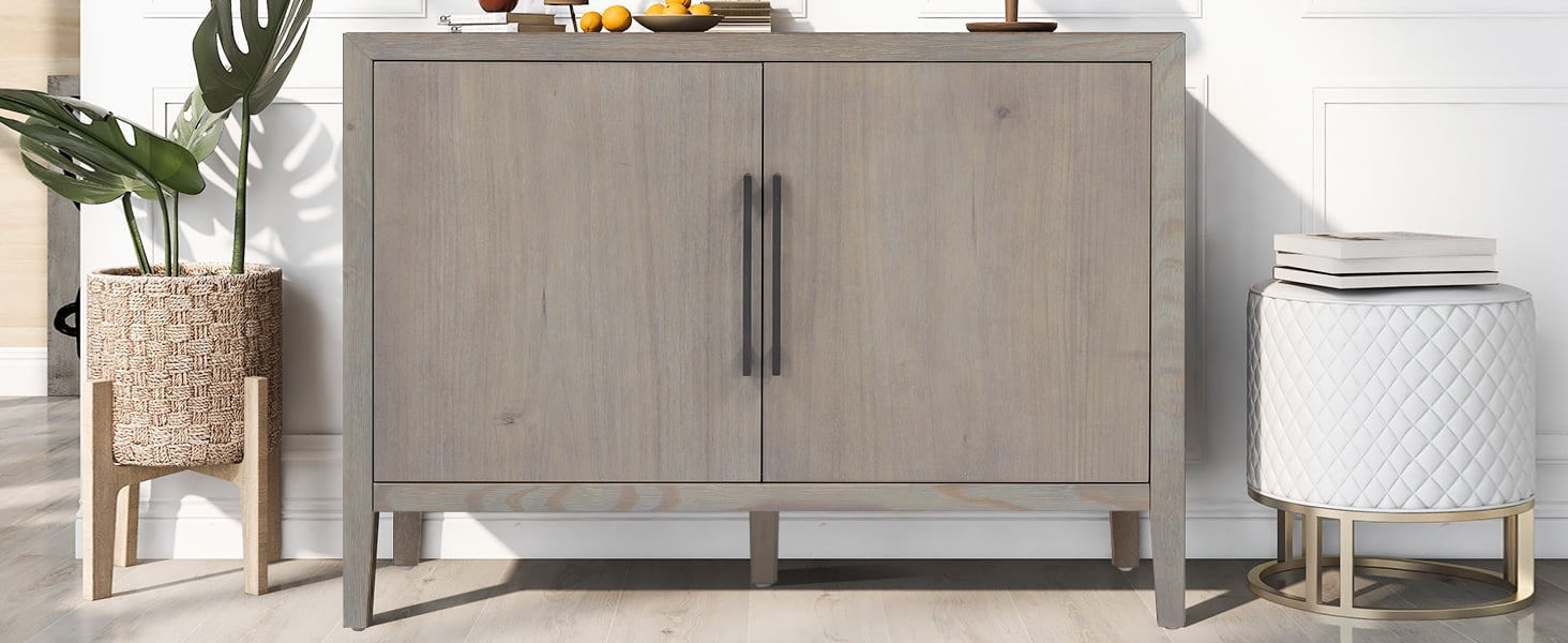 Mintazer 47.25" Farmhouse Sideboard with 2 Doors & Adjustable Feet, Wooden Storage Cabinet with Pine Veneer & Metal Handles for Entryway Living Room, Gray