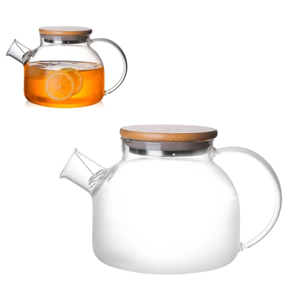 ACDANC Glass Teapot Kettle 1L Cold Water Kettle Round Belly Pot (Steel Bamboo Lid),Glass Teapot Stovetop Microwave Glass Tea,Home and Kitchen,1X Glass Teapot Kettle