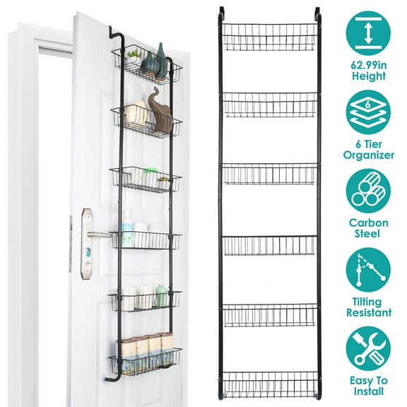 Moclever 6 Tier over the Door Organizer Hanging Hooks Door Storage Rack Carbon Steel Basket 62.99in over the Door Shelf for Kitchen Bathroom, Black