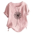 thumbnail image 2 of Womens T Shirts Women's Summer Round Neck Button Cotton and Linen Dandelion Print Short Sleeve T Shirt Top Blouse Tops for Women, 2 of 3