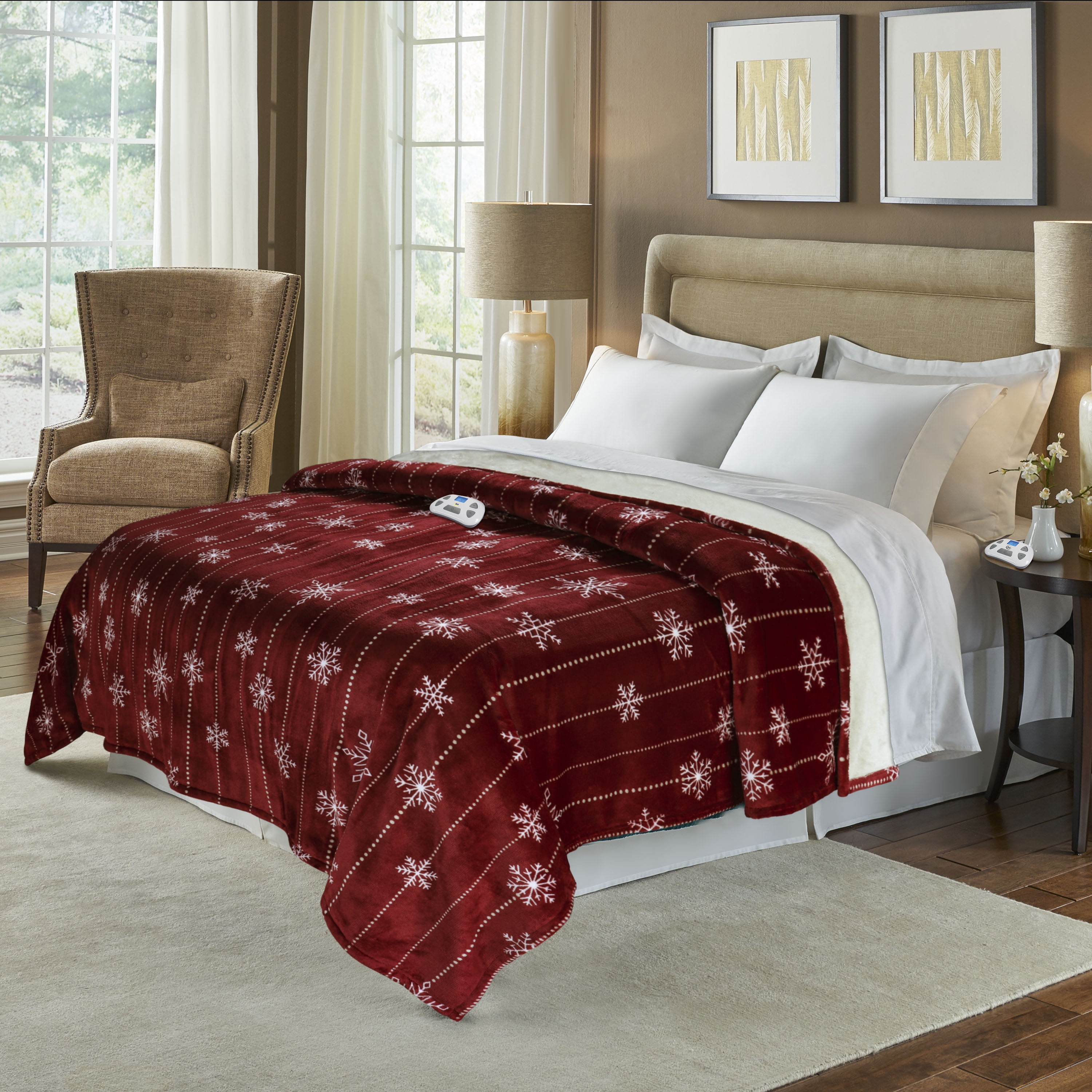 Serta Silky Plush Snowflake Print Electric Heated Blanket, PreWarm