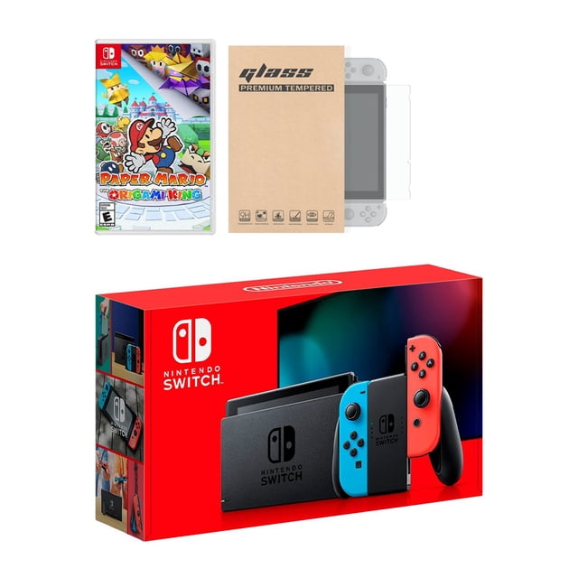 New Nintendo Switch Red/Blue Joy-Con Improved Battery Life Console Bundle with Paper Mario: The Origami King NS Game Disc and Mytrix NS Tempered Glass Screen Protector - 2020 New Game!