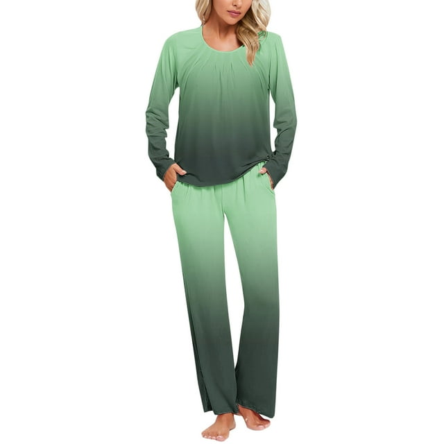 cfhntfmh Ensembles de Pyjama pour Femmes Tendance à Imprimé, Chandails à Col Ras du Cou Plissés à Manches Longues, Ensemble 2 Pcs Pantalons de Détente Vêtements de Nuit Ensembles de Pyjama