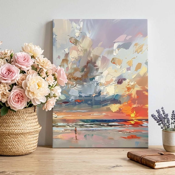 Canvas Wall Art Summer Ocean Canvas Art Print Sunset Oil Painting Blue Red and Orange Pictures Wall Decor for Living Room Bedroom Artwork Decorations Stretched Framed Ready to Hang 8"x12"