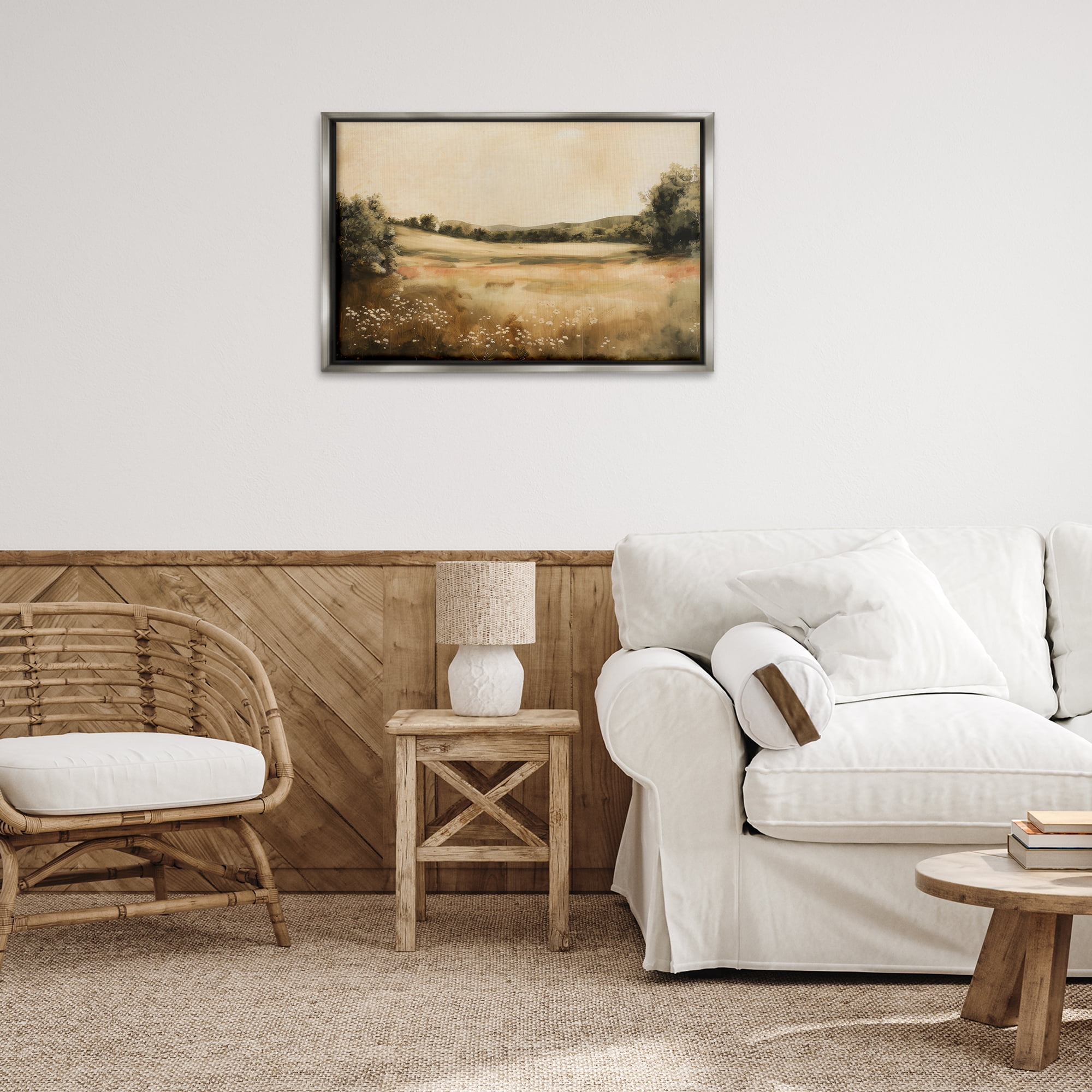 Stupell Industries Neutral Meadow Landscape Landscape & Nature Painting Gray Floater Framed Canvas Art Print Wall Art, 31 x 21