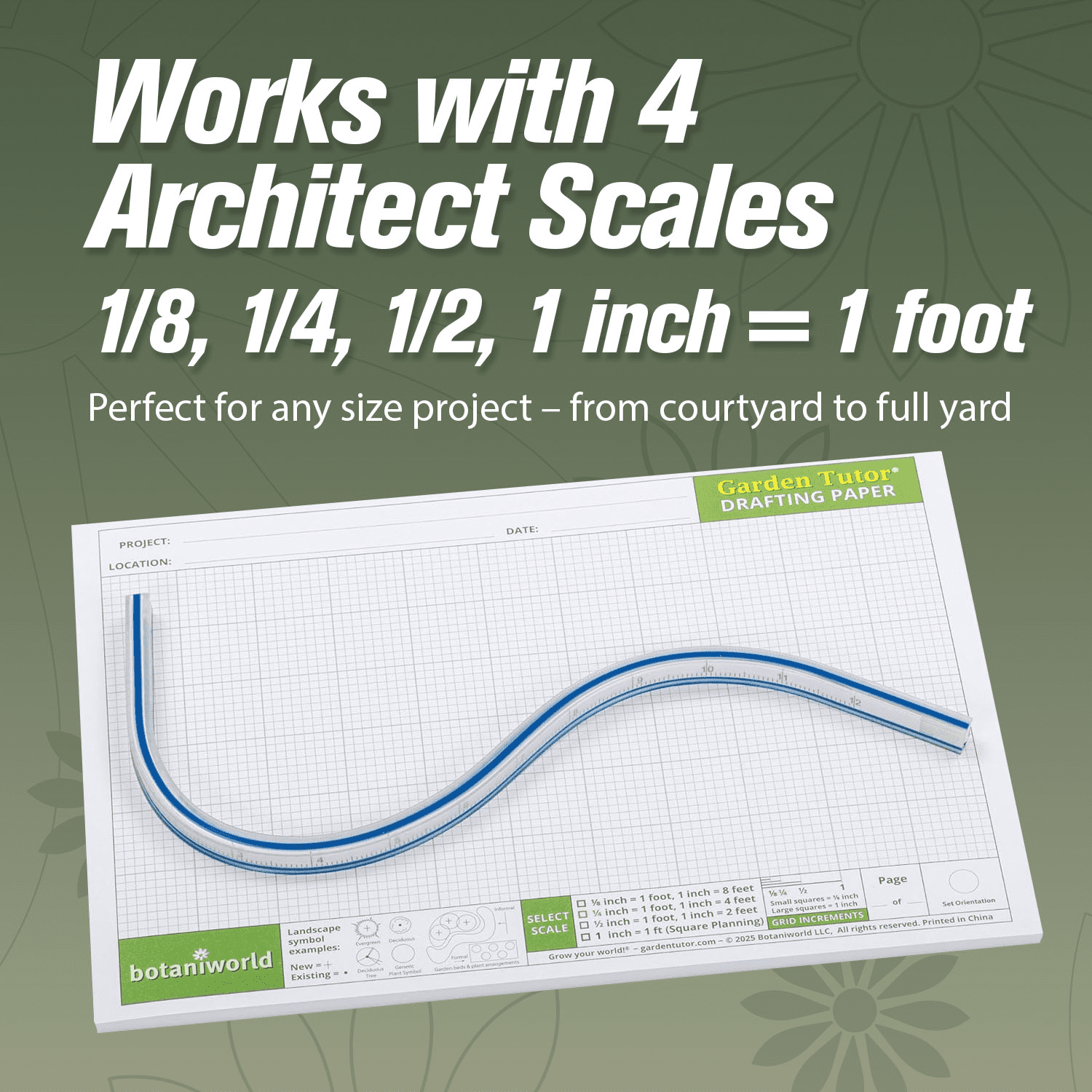 Garden Tutor Multiscale Garden & Landscape Design Kit, 12-Inch Flexible Curve Ruler, 40-Sheet Graph Paper, 2 Translucent Yellow Stencils