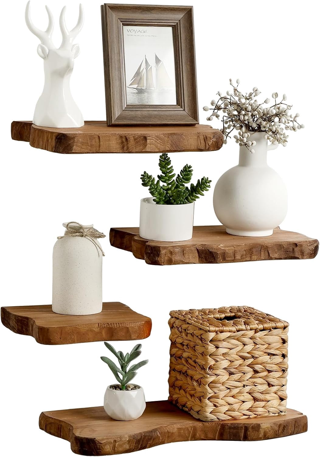 4 Pcs Floating Shelves for Wall Wooden Live Edge Shelf Wall-Mounted Natural Solid Wood Bedroom Kitchen Storage Living Room Nursery Decor(4 Pcs,11.81/15.7 Inch)