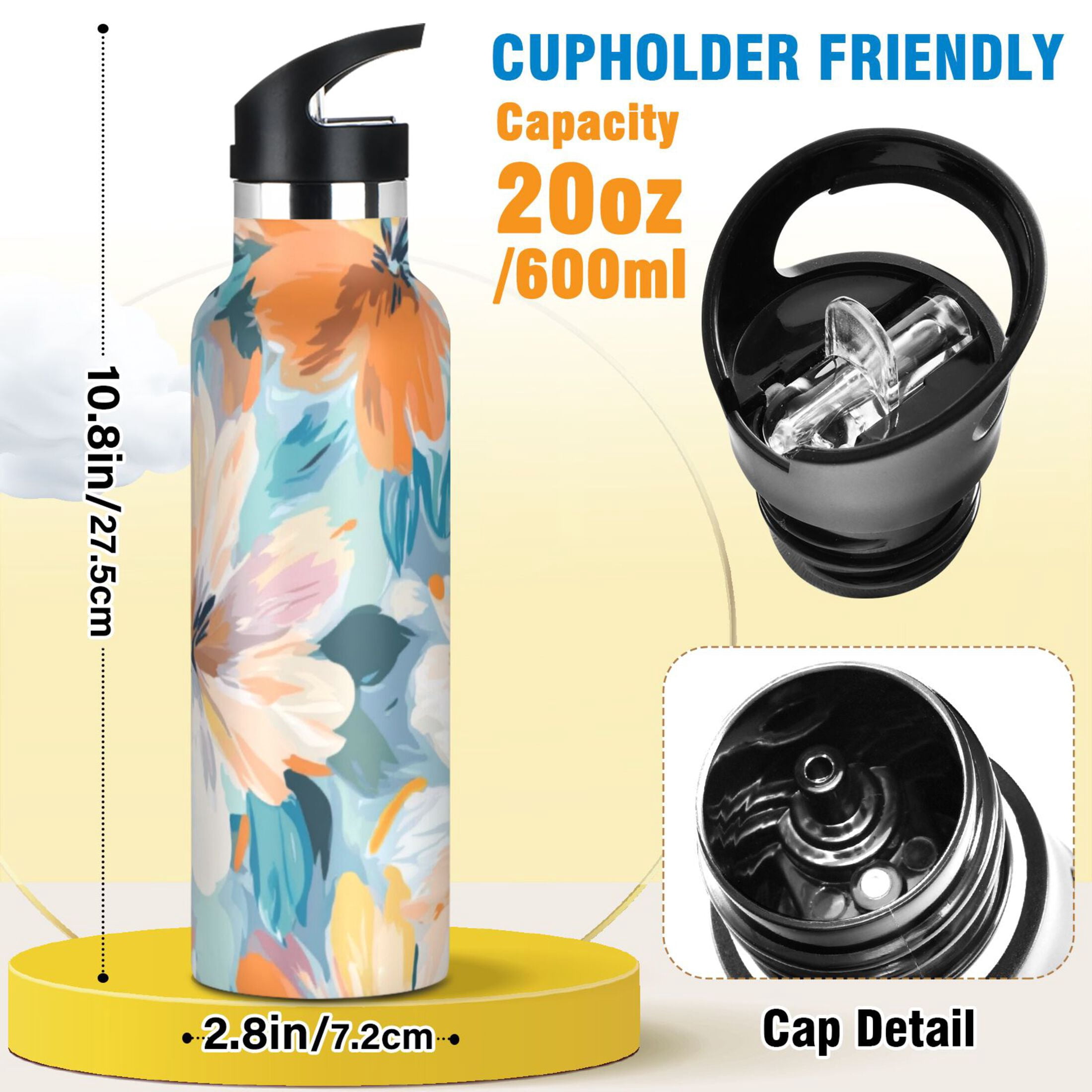 Kids Insulated Stainless Steel Sports Water Bottle 600ml (20oz) Oversized Flowers Pattern