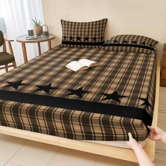 Full Size Fitted Sheet Set - Brown Black Plaid 3 Piece Bedding Sets 16" Deep Pocket Fitted Sheet with 2 Pillowcases Vintage Rustic Star Buffalo Check Brushed Microfiber Hotel Luxury Bed Sheets