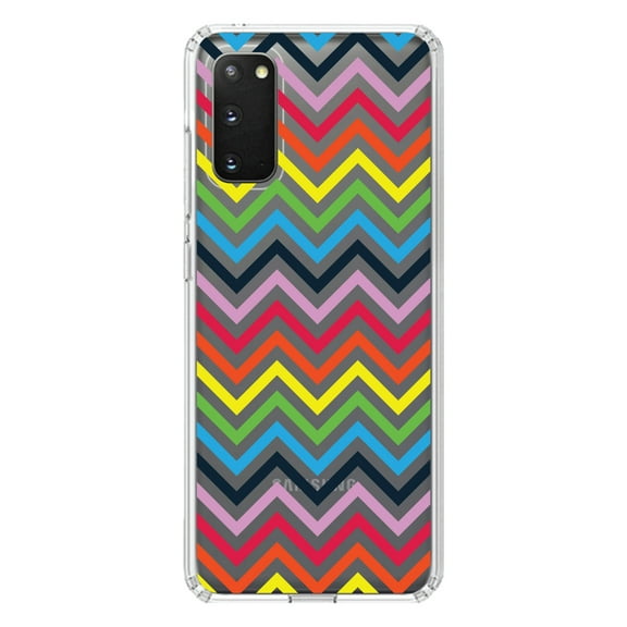 DistinctInk Clear Shockproof Hybrid Case for Galaxy S20 / S20 5G (6.2" Screen) - TPU Bumper, Acrylic Back, Tempered Glass Screen Protector - Rainbow Chevron