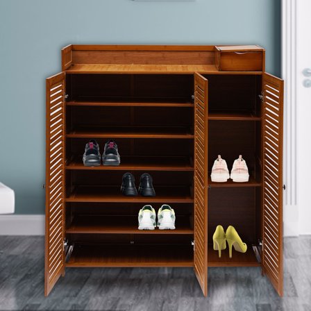 SHZICMY Shoe Cabinet Bamboo Shoe Rack Organizer Cabinet with Door 7-Tier Modern Shoe Storage Cabinet with Shelves for Entryway Hallway Closet Free Standing Brown