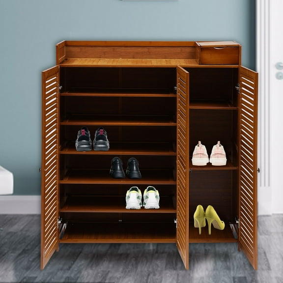 SHZICMY Shoe Cabinet Bamboo Shoe Rack Organizer Cabinet with Door 7-Tier Modern Shoe Storage Cabinet with Shelves for Entryway Hallway Closet Free Standing Brown