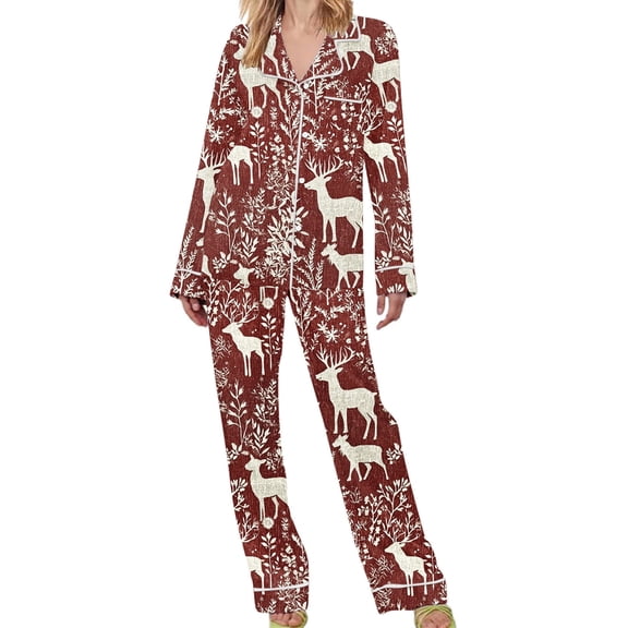 BLTIBY Women's 2 Piece Christmas Pajamas Set Button Lapel Xmas Graphic Shirt Long Pants Pjs Sets Sleepwear with Pockets Red S