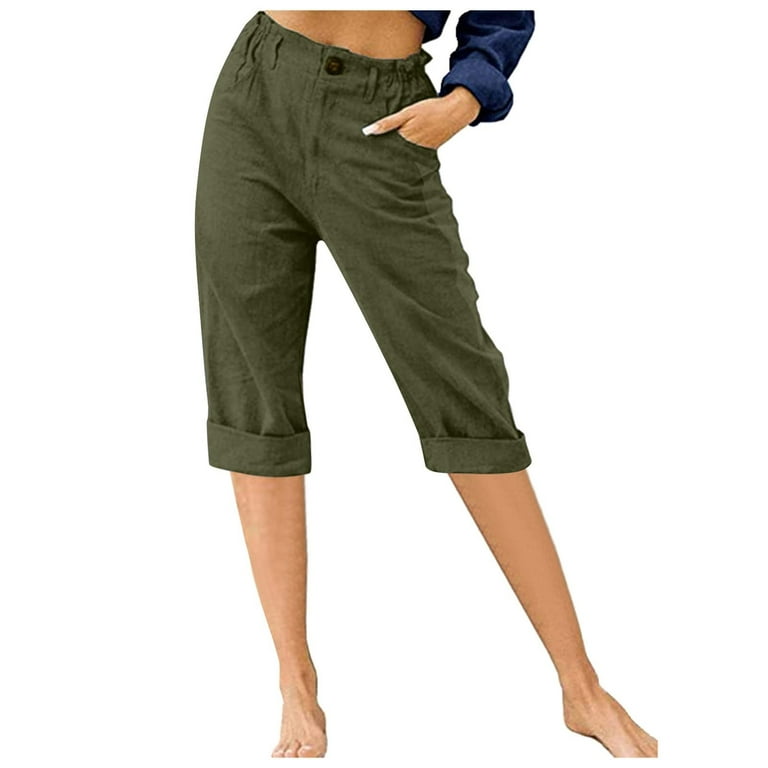 JWZUY Women's Wide Leg Pants Summer Cotton Linen Roll Up Pant Trousers  Casual Crop Dress Pants Button Pull On Capris Army Green S
