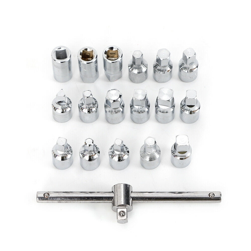 18PCS Oil Drain Pipe Plug Hexagon Square Socket Key Removal Tool Set 3/8'' Drive