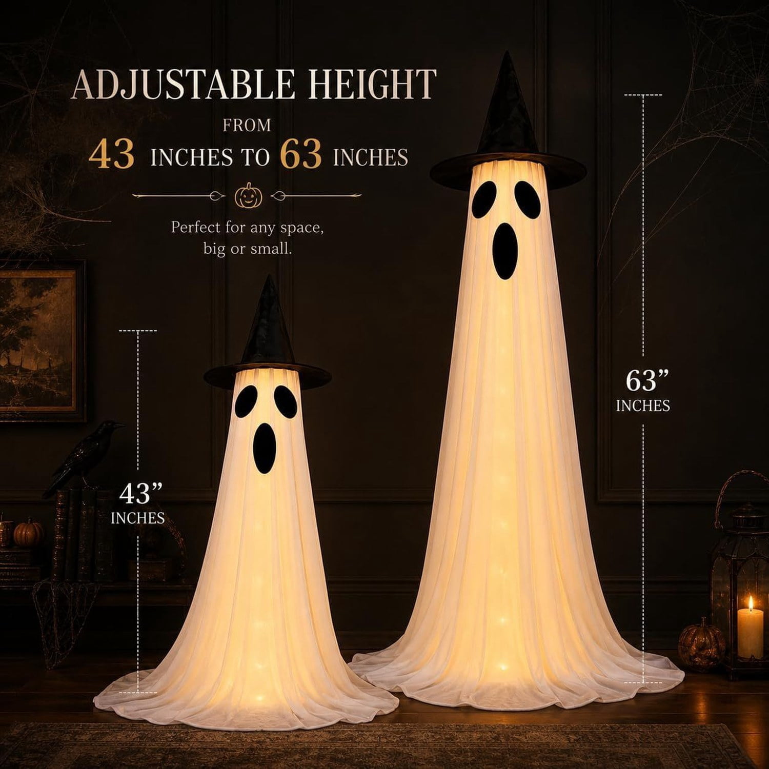 Lighted Halloween Ghost Decoration, 2-Piece Set with Adjustable Height 43-63 in, 6 Lighting Modes, Timer, Remote, Interchangeable Face Stickers, Indoor Outdoor Yard Decor