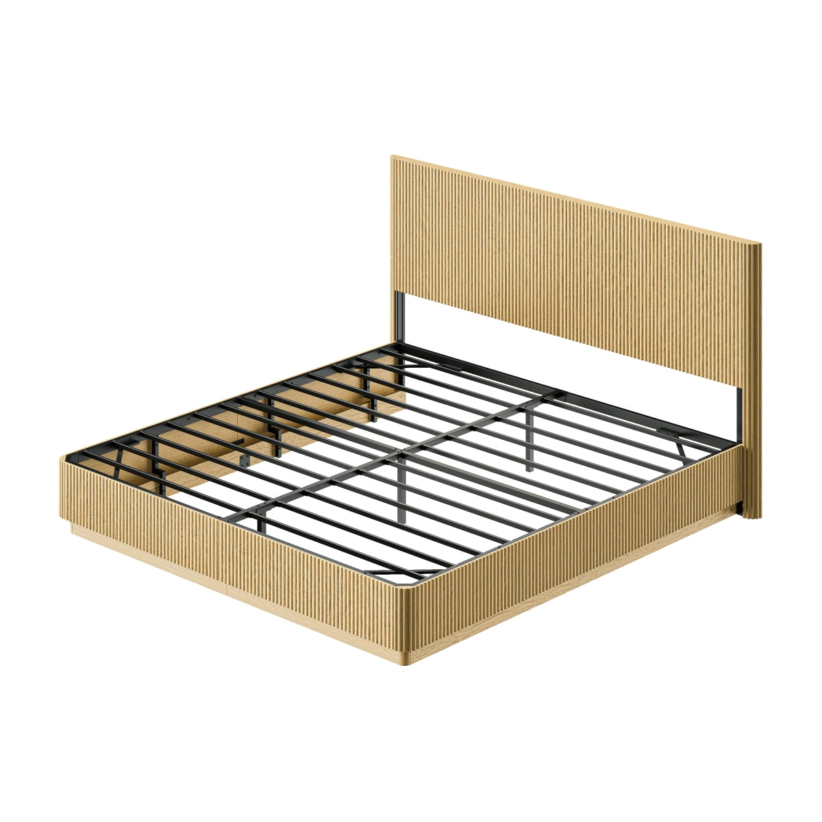Luckynote Kind Size Bed Frame with LED Lights, Modern Wooden Corrugated Curved Lines, Convex Groove Board Design, Oak.