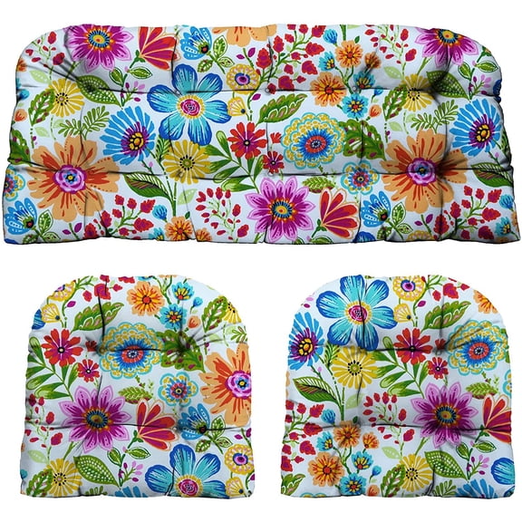 All-Weather 3-Piece Wicker Cushion Set, Tufted Design, Water Resistant Spun Fabric, Fits Loveseat and U-Shape Patio Chairs, Gregoire Fresco