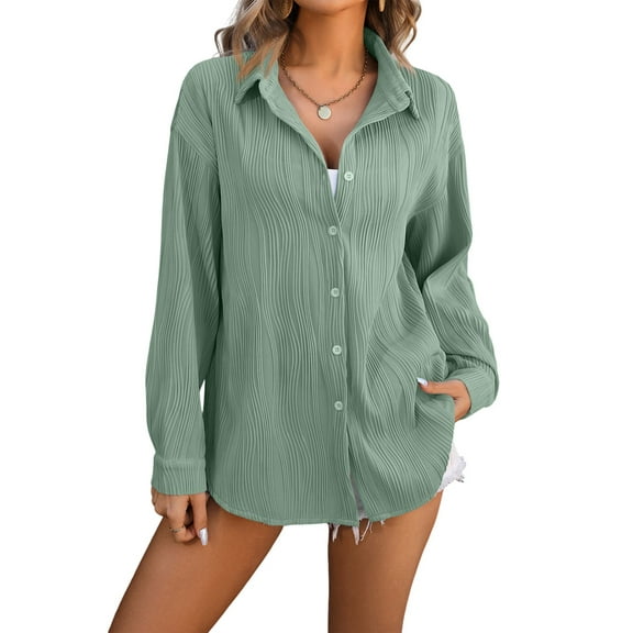 Womens Button Down Shirts Long Sleeve Dress Shirt Textured Collared Work Blouse Dressy Casual Tops Bean Green M