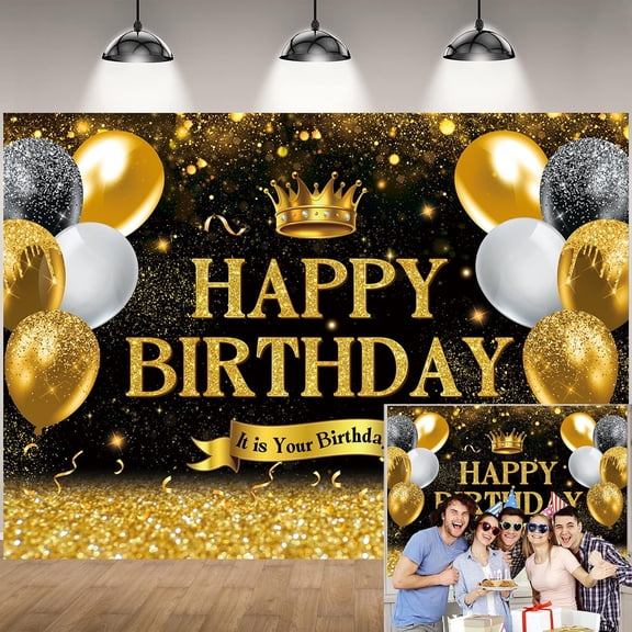 Gold Happy Birthday Backdrop Golden Balloons Glitter Bday Photography Background for Women Girls Men Birthday Party Decorations Banner Photo Booth Props