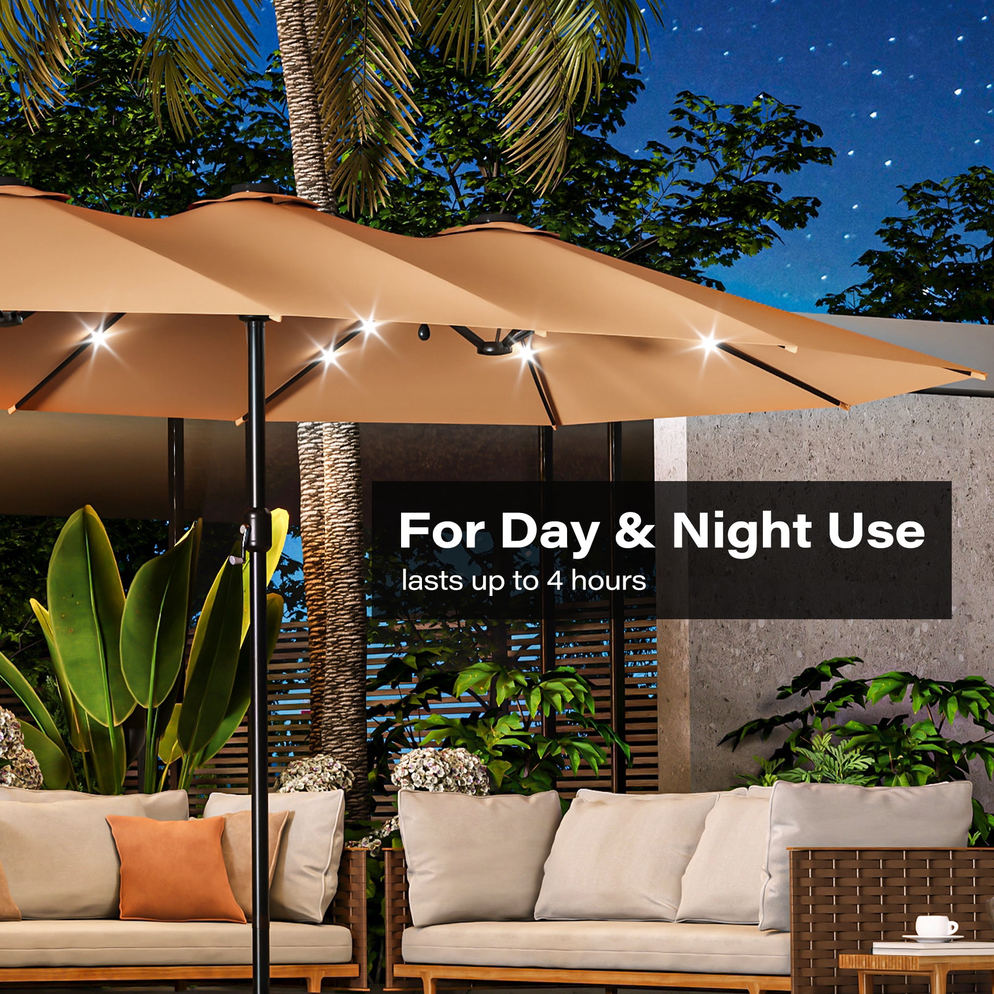 LAUSAINT HOME 13ft Double Sided Patio Umbrellas with Base & Lights for Garden, Poolside, Beige