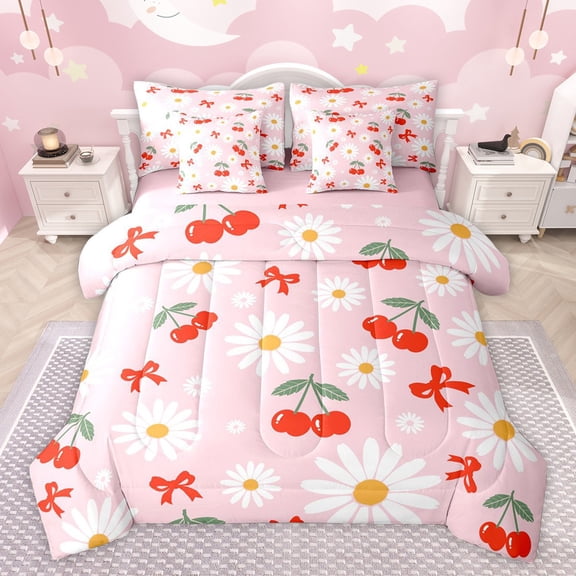 Castle Fairy Boys Girls Floral Daisy Twin Bedding Sets 7-Piece,Kawaii Red Cherry Bedding Comforter Set Microfiber,Cartoon Ribbon Bow Knot Breathable Sheet Sets,Microfiber Bedroom Decor,Reversible