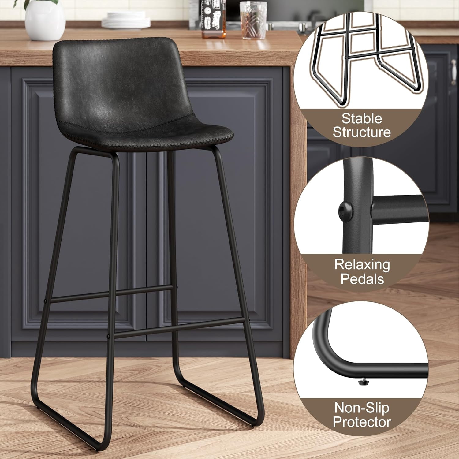 GIKPAL Bar Stools 30" Faux Leather Counter Height Barstools with Back Set of 2, Modern Counter Stools with Metal Legs and Footrest, Armless Chairs with Back for Kitchen Living Room Pub, Black