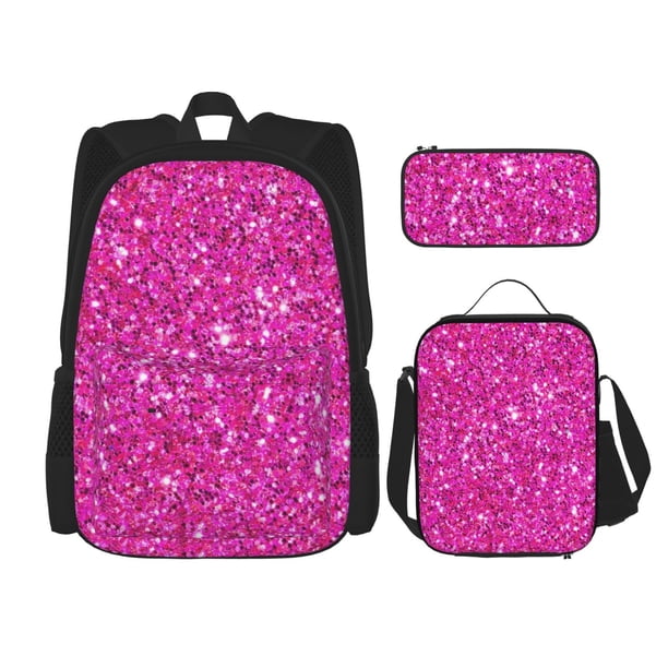 Easygdp Rose Red Glitter Mochila para Niños y Niñas con Set de Caja de Almuerzo y Estuche para Lápices 3 en 1, Mochila Escolar Estampada para Adolescentes