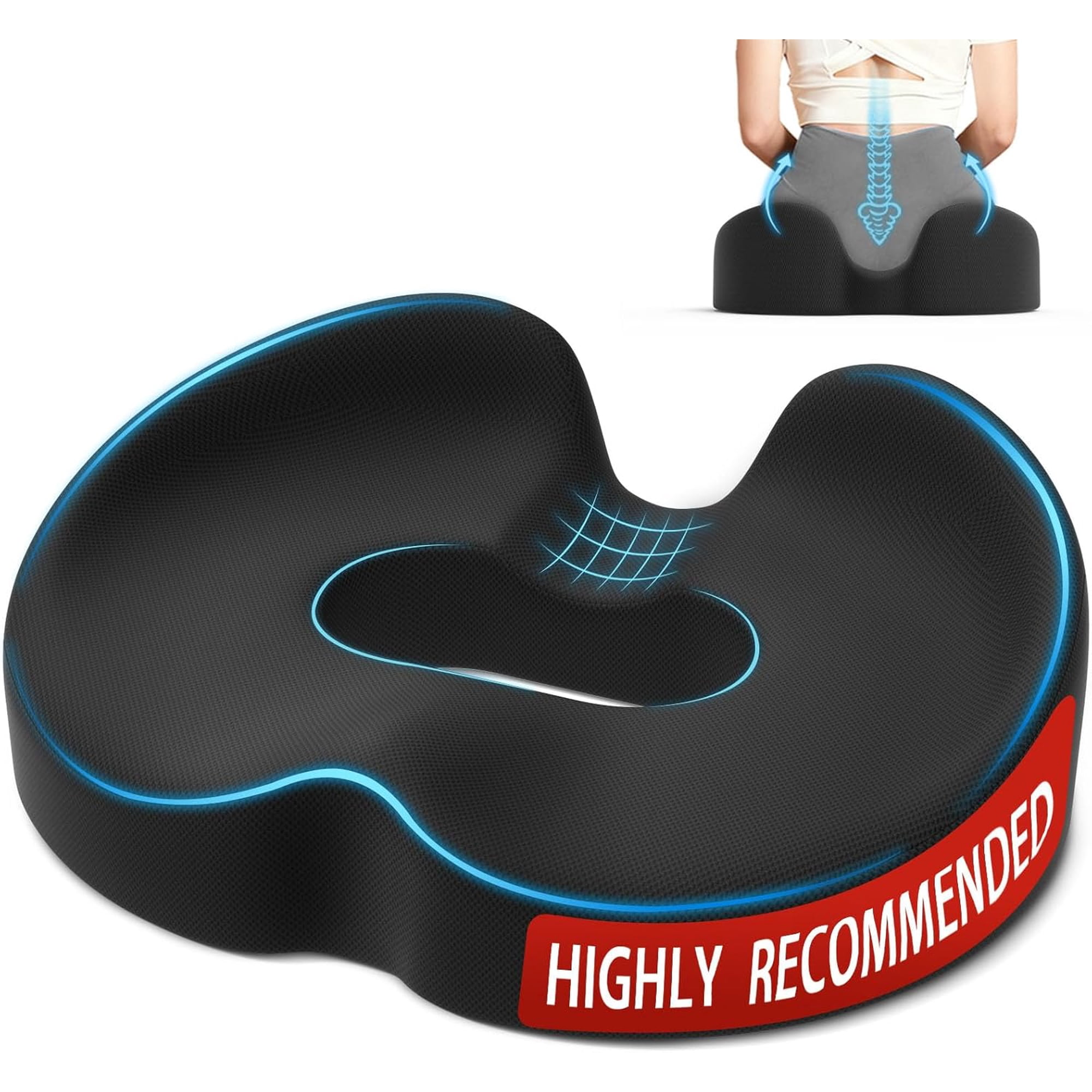 Donut Pillow Seat Cushion Memory Foam Lifting Cushions, Black | Coccyx & Hemorrhoid Pillow for Office, Tailbone Pressure Relief Cushion for Pregnancy, Postpartum and Long Sitting