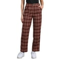 thumbnail image 1 of Pantalones largos rectos de cintura elástica con botones y cremallera de cuadros para mujer Inspire Chic en color rojo vino, 1 of 6