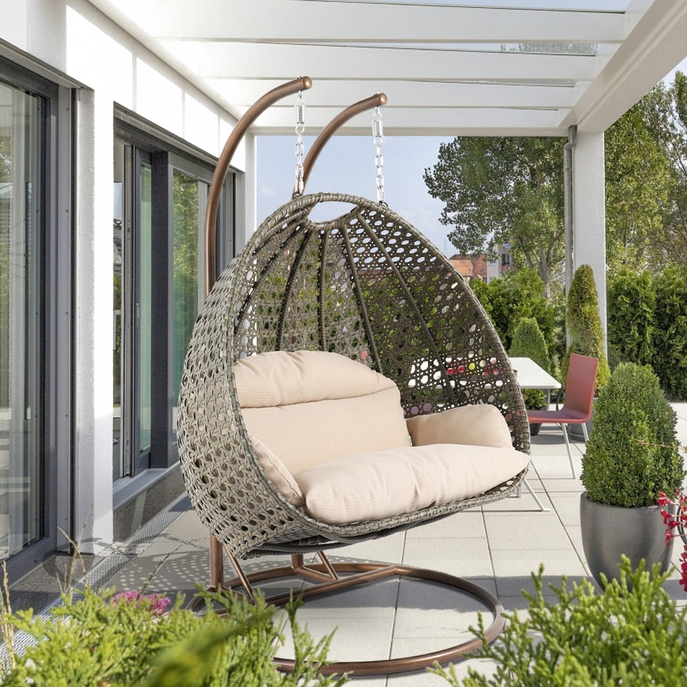 LeisureMod Wicker Hanging 2 person Egg-Shaped Swing Chair, Beige - Walmart.com - Walmart.com