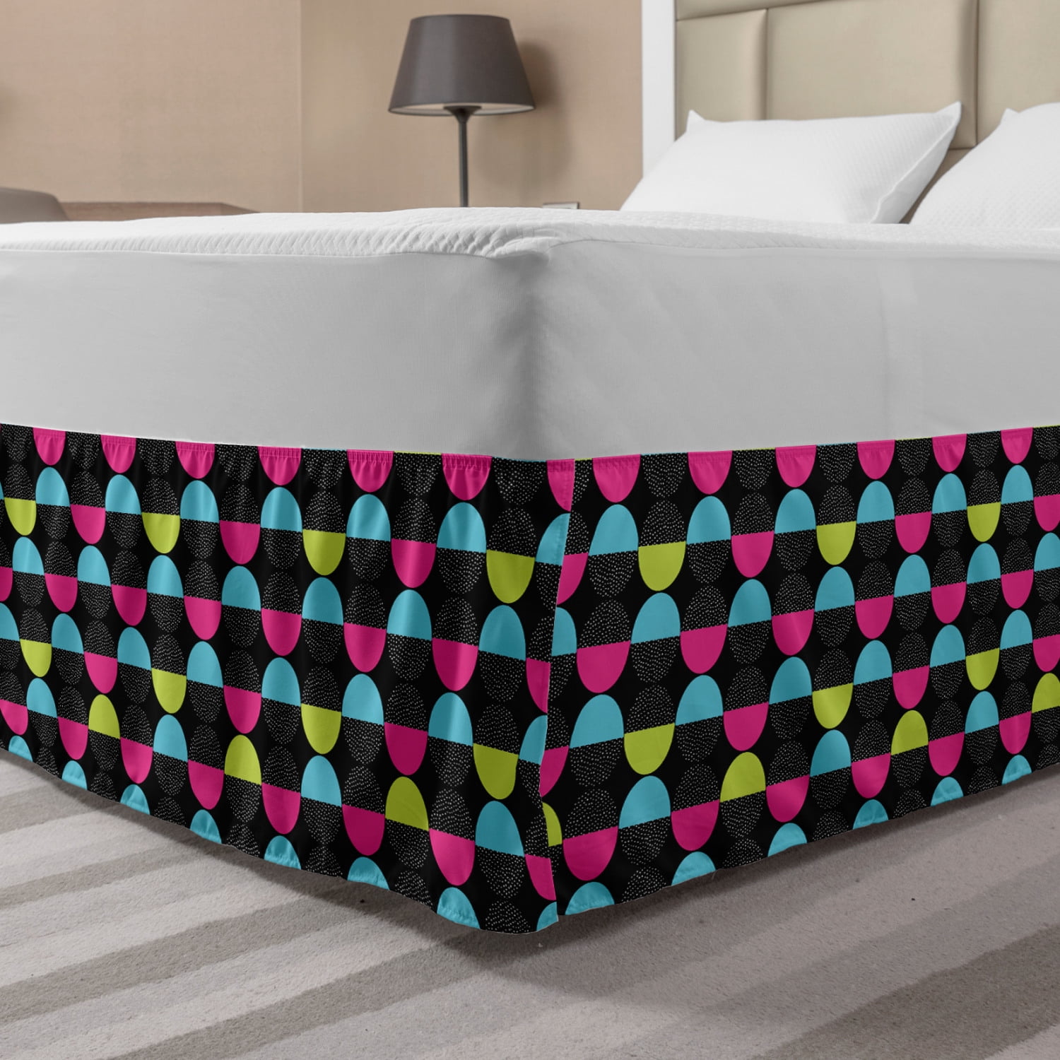 Modern Bed Skirt, Memphis Inspired Pattern of Halved Dotted and