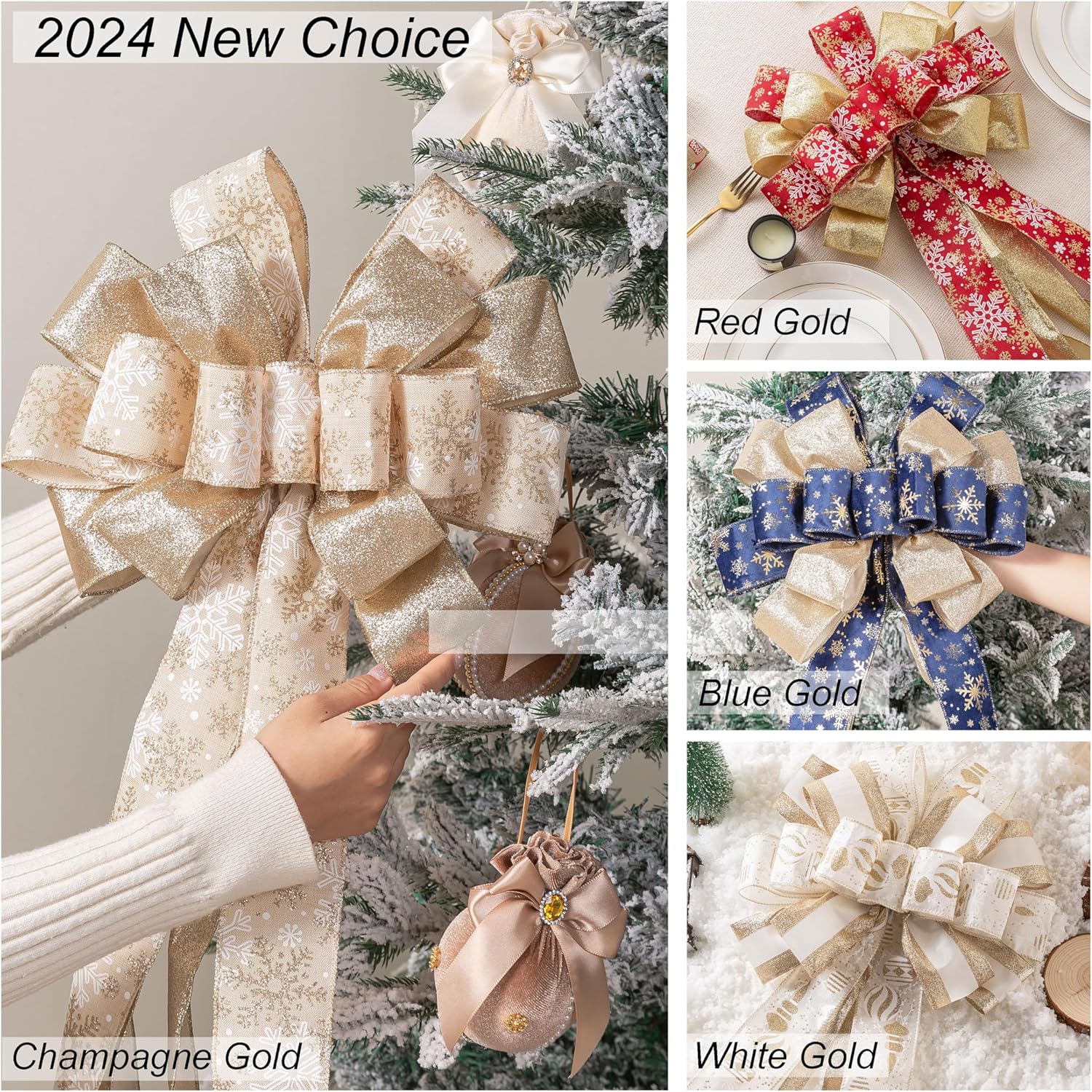 Christmas Tree Topper, 40x13 Inches Toppers Bow with Glitter Satin Mesh Streamer and Patterned Ribbon, Christmas Tree Topper Bow for Christmas Home Decoration (White Golden)