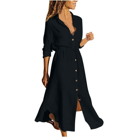 

Women s Solid Color Single Breasted Lapel Drawstring Shirt Dress Cotton Linen Dress