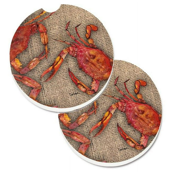 Cooked Crabs on Faux Burlap Set of 2 Cup Holder Car Coaster