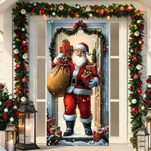 Decoraciones navideñas, adornos navideños, regalos de Navidad. Cortina de puerta navideña con Papá Noel. Decoración para fiestas navideñas. Cortina de puerta decorativa. Decoración para colgar en la p