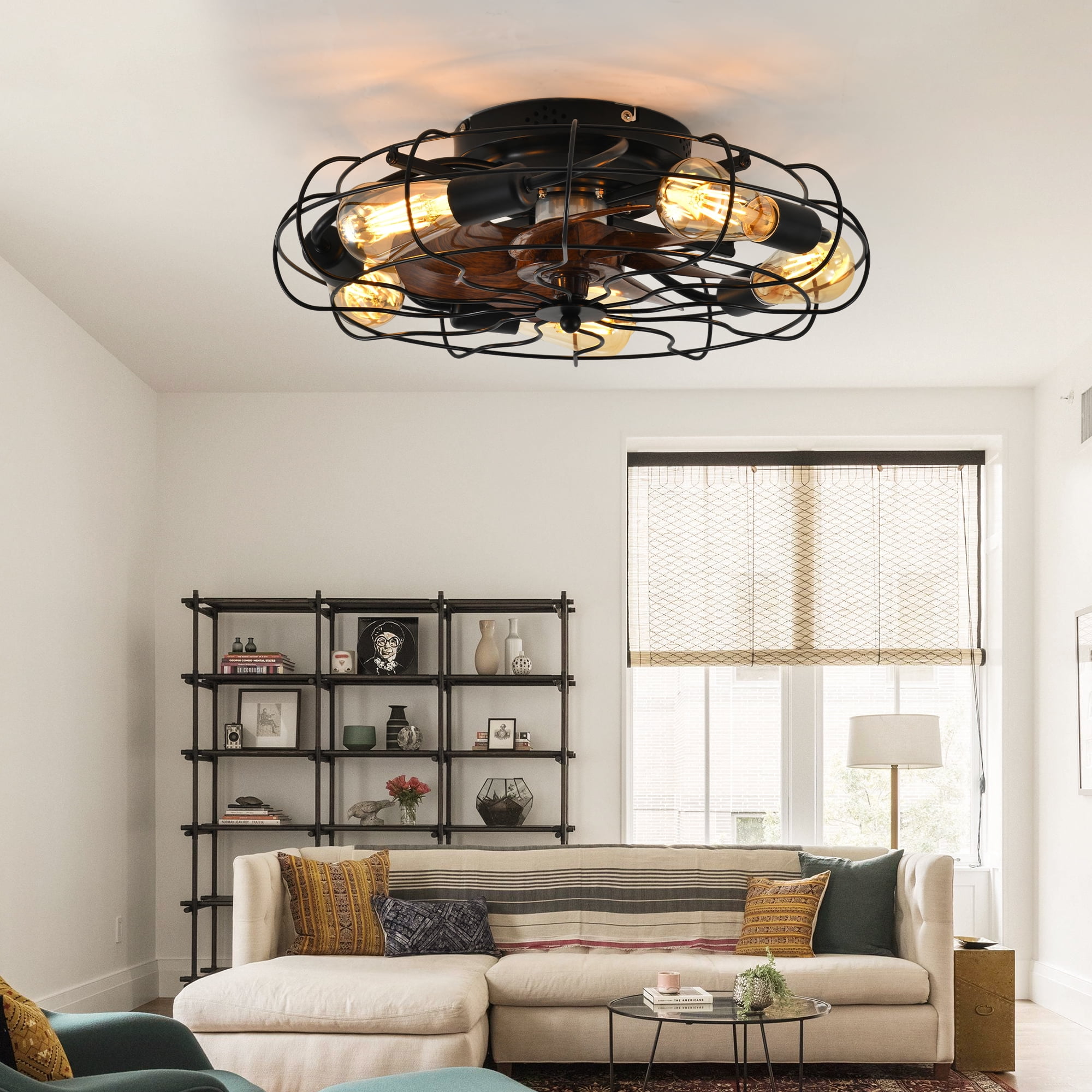 GCGAFUL 19.7 Inch Ceiling Fan with 5 Lights and Remote, Black Low Profile Flush Mount Caged Fan Light, Farmhouse Fan for Bedroom Kitchen