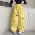 thumbnail image 2 of Bmisegm Girls Cargo Pants Wide Leg with 3D Floral Embroidery Casual Loose Fit Trousers for Kids Comfortable Playwear Trousers for Girls 6-16 Years 01_Yellow,9-10 Years, 2 of 4