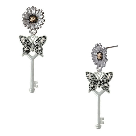 Delight Jewelry Silver-tone Antiqued Butterfly Key with AB Crystals – Two-tone Daisy Flower Post Earrings