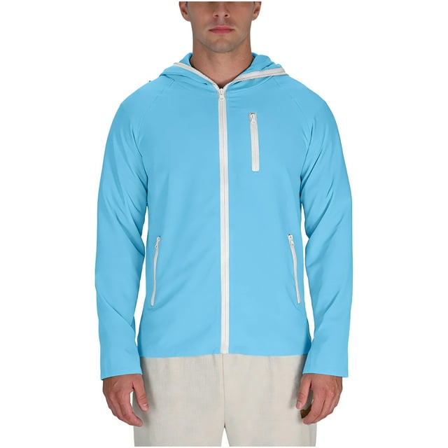 RXMEKW UPF Sun Protection Jacket for Men With Zippered Front and Hood, Lightweight Breathable Fabric for Daily Wear, Solid Color
