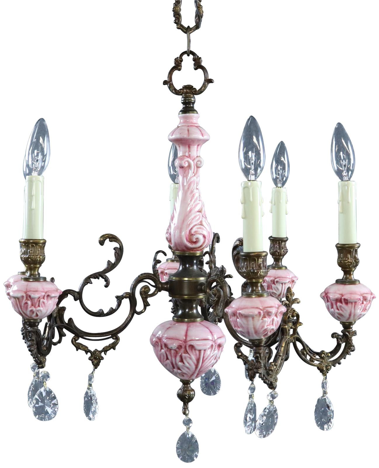 Details about   Vintage rose pink lady cupcake glass crystal Brass SWAG lamp chandelier 