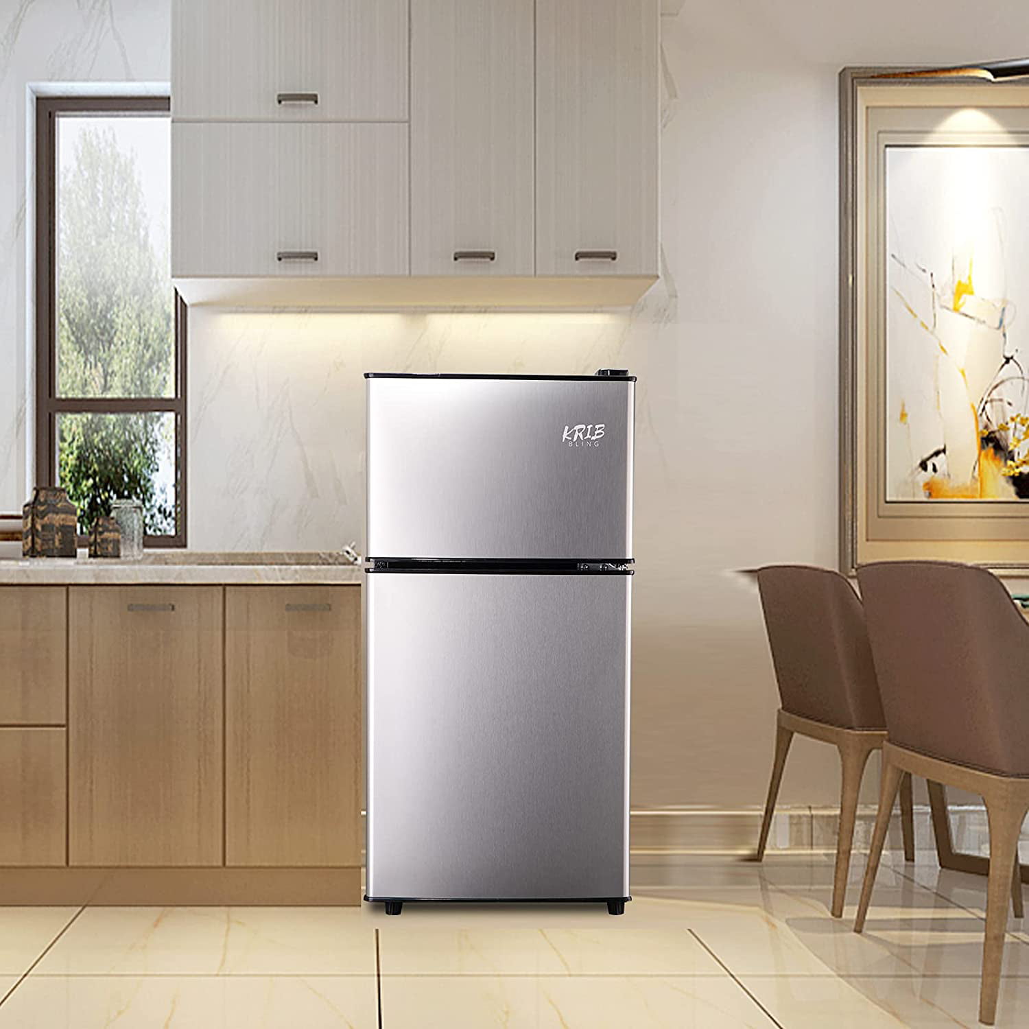 Krib Bling 3.5 Cu.ft Dual Door Black Fridge: Compact Refrigerator with  Freezer.