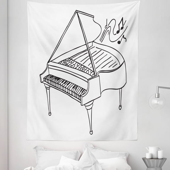 Music Note Tapestry, Monochrome Style Outline Drawing of a Piano on a Plain Background, Fabric Wall Hanging Decor for Bedroom Living Room Dorm, 5 Sizes, Charcoal Grey and White, by Ambesonne
