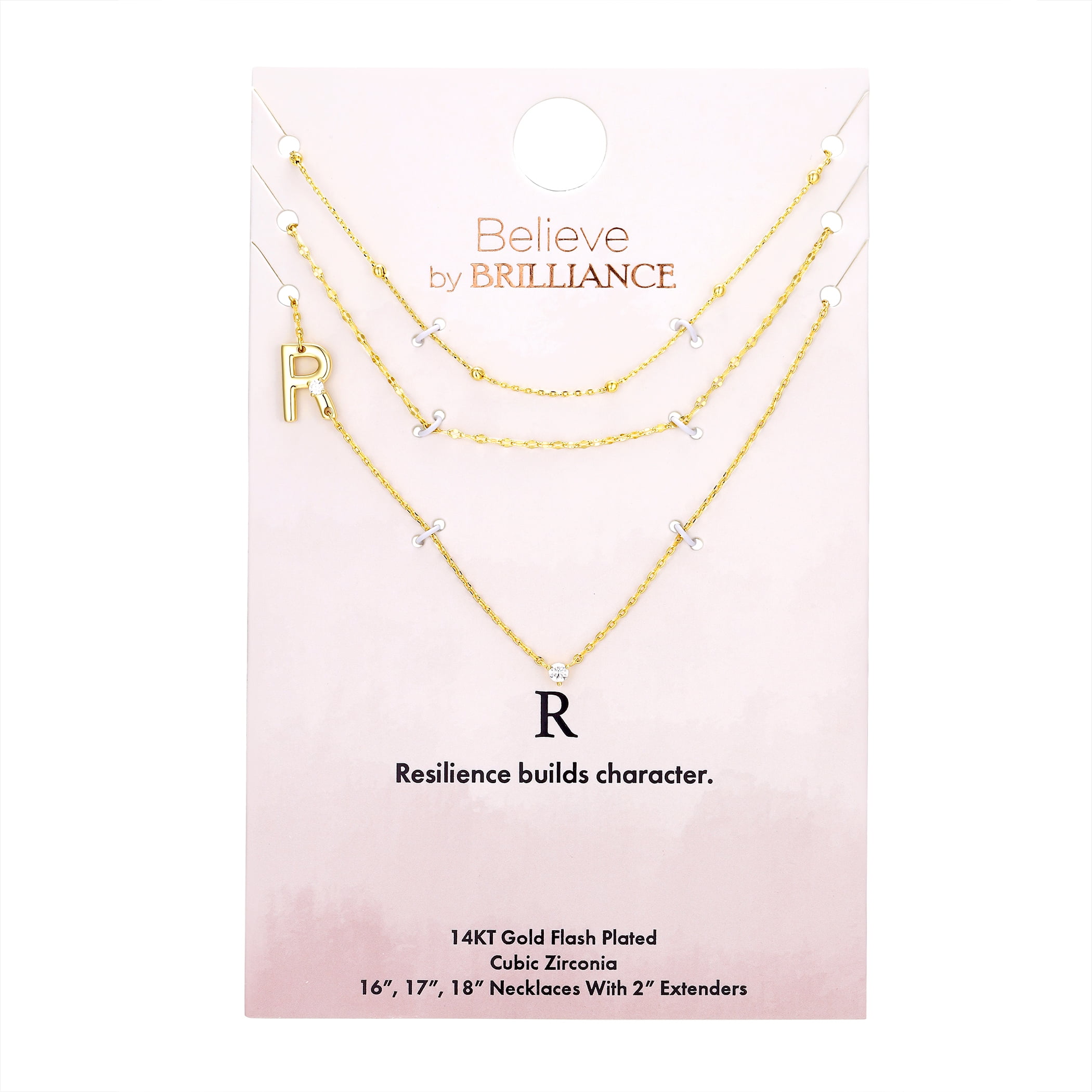 Believe by Brilliance R Triple Chain Initial Necklace Set in 14KT Gold Flash Plated Brass