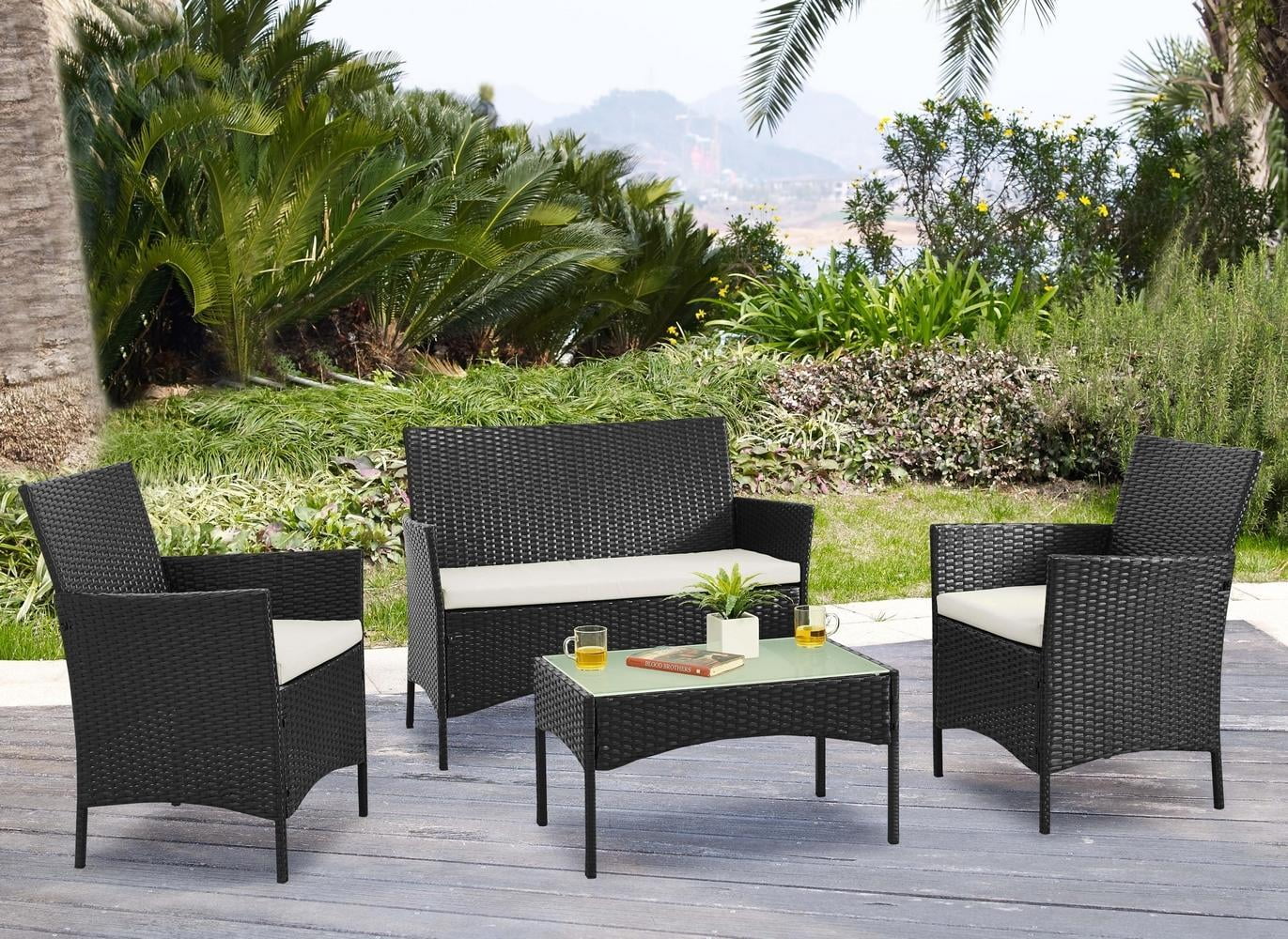 Palm Springs Deluxe 4 Piece Rattan Sofa Set with Chairs, Tables & with