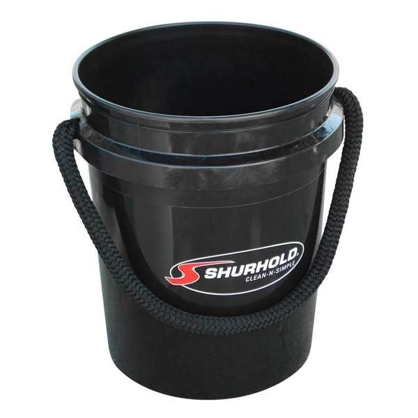 Shurhold Bucket 2452 with a 5-gallon capacity, made of durable black plastic. Features a rope handle design that avoids piercing the bucket cavity, ensuring no leaks or hardware failures. Measures 14-3/4 inches in height and 12 inches in width. Suitable for use as a boat bucket, RV bucket, car wash bucket, storage bucket, trash bucket, or fishing bucket.