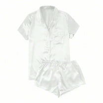 Plebaso Women's Satin Pajama Sets Silk Short Sleeve Button down Shirt and Shorts Matching Loungewear