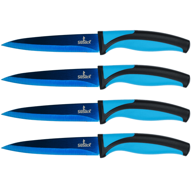 SiliSlick Juego de Cuchillos para Carne Cuchillos de Acero Inoxidable con Revestimiento de Titanio Iridiscente, 5 Pulgadas/12,7 Cm (4 Mangos Azules y Hoja Azul).